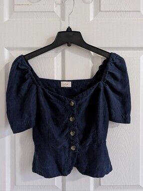 Wilfred Aritzia Navy Blue Linen Lyocell Button Front Puff Sleeve Peplum Top XS